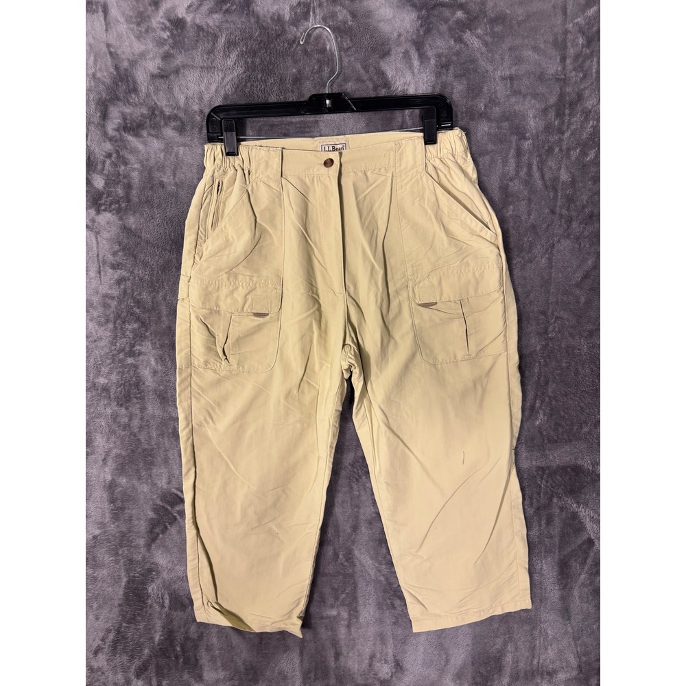 LL Bean Womens Tan Khaki Cargo Crop Pants Elastic Waist Hiking Outdoor Trousers